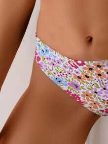 Swim Mod Floral Print High Waist Triangle Bikini Bottoms For Summer Beach Vacation - Multicolor - View 3