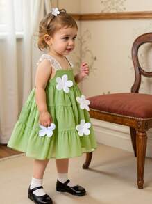 SHEIN Vintaside Kids Baby Girl Cute Bow Strap Dress, Summer - Green - View 8