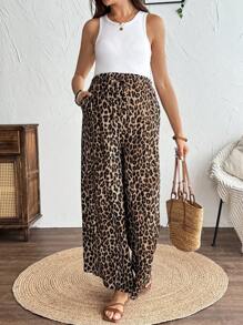 SHEIN Maternity Leopard Print Loose Casual Summer Pants Maternity Pants Adjustable Elastic Waist Ruffle Trim Leopard Print  Cheetah Print   Vacation Outfits - Black - View 4