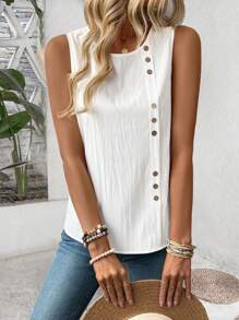 EMERY ROSE Women Round Neck Single-Breasted Sleeveless Top, Versatile For Summer - White - View 7