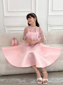 Elegancka satynowa sukienka księżniczki z tiulu i koralikowy płaszcz dla dziewcząt w wieku 1-2 lat, zestaw 2 częściowy, odpowiedni na imprezy i wydarzenia - Różowy - Zobacz 3