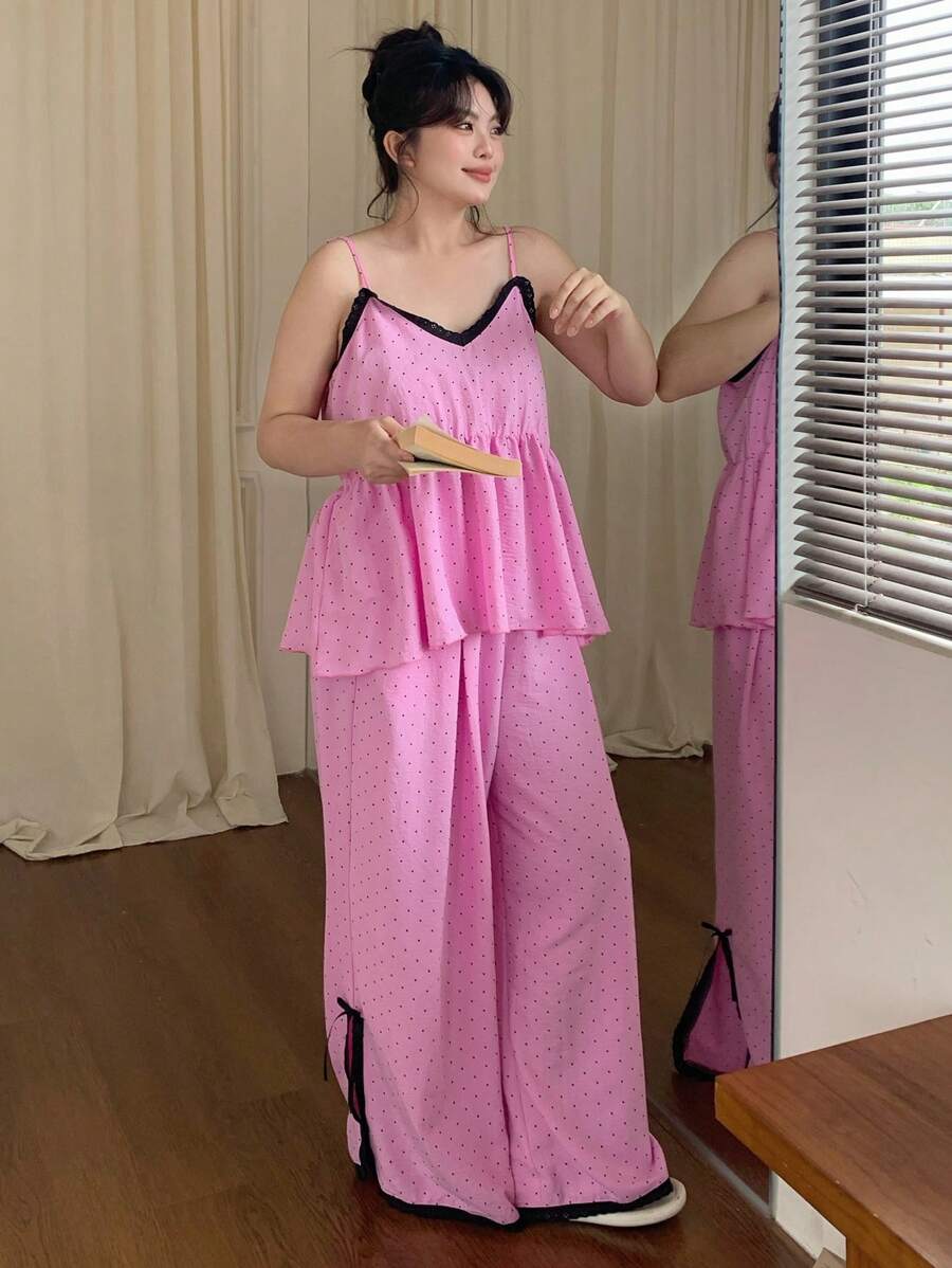 Dazy Plus Contrast Lace Polka Dot Cami Top & Loose Pants Pajama Set - Hot Pink - View 1