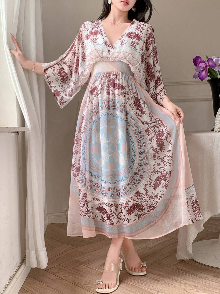 Women's Boho Style Vacation Dress With Floral Print, V-Neck Short Sleeve Long Maxi Dress, Summer