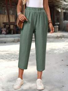 EMERY ROSE Pantalon court décontracté pour femmes, taille élastique, poches latérales, couleur unie. Pantalon d'été, vêtements d'automne pour femmes - Vert - Voir 6