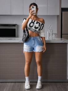 SHEIN PETITE Short de mezclilla desgastado y descolorido para mujeres