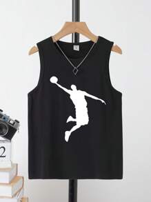 SHEIN Leap Crew Tween Boy Knitted Minimalist Basketball Pattern Sleeveless Athletic Tank Top, Suitable For Summer