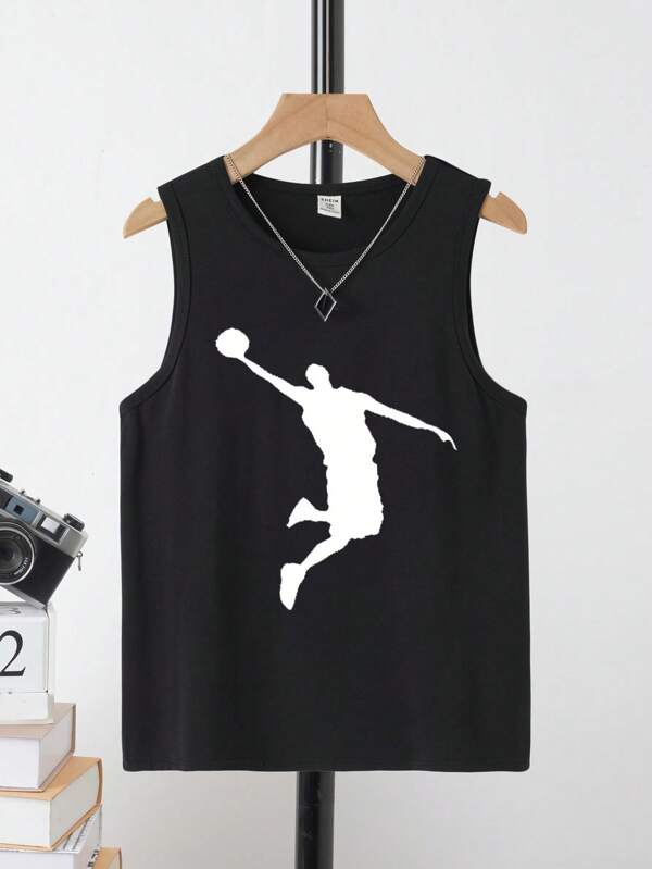 SHEIN Tween Boy Knitted Minimalist Basketball Pattern Sleeveless Athletic Tank Top, Suitable For Summer