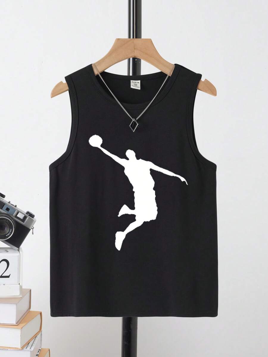 SHEIN Leap Crew Tween Boy Knitted Minimalist Basketball Pattern Sleeveless Athletic Tank Top, Suitable For Summer
