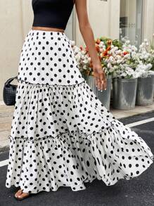 SHEIN Frenchy Falda de verano con volantes y estampado de lunares para mujer, ropa de verano informal, faldas de mujer, ropa de verano para mujer, falda de trabajo o cumpleaños - Blanco y Negro - Ver 6
