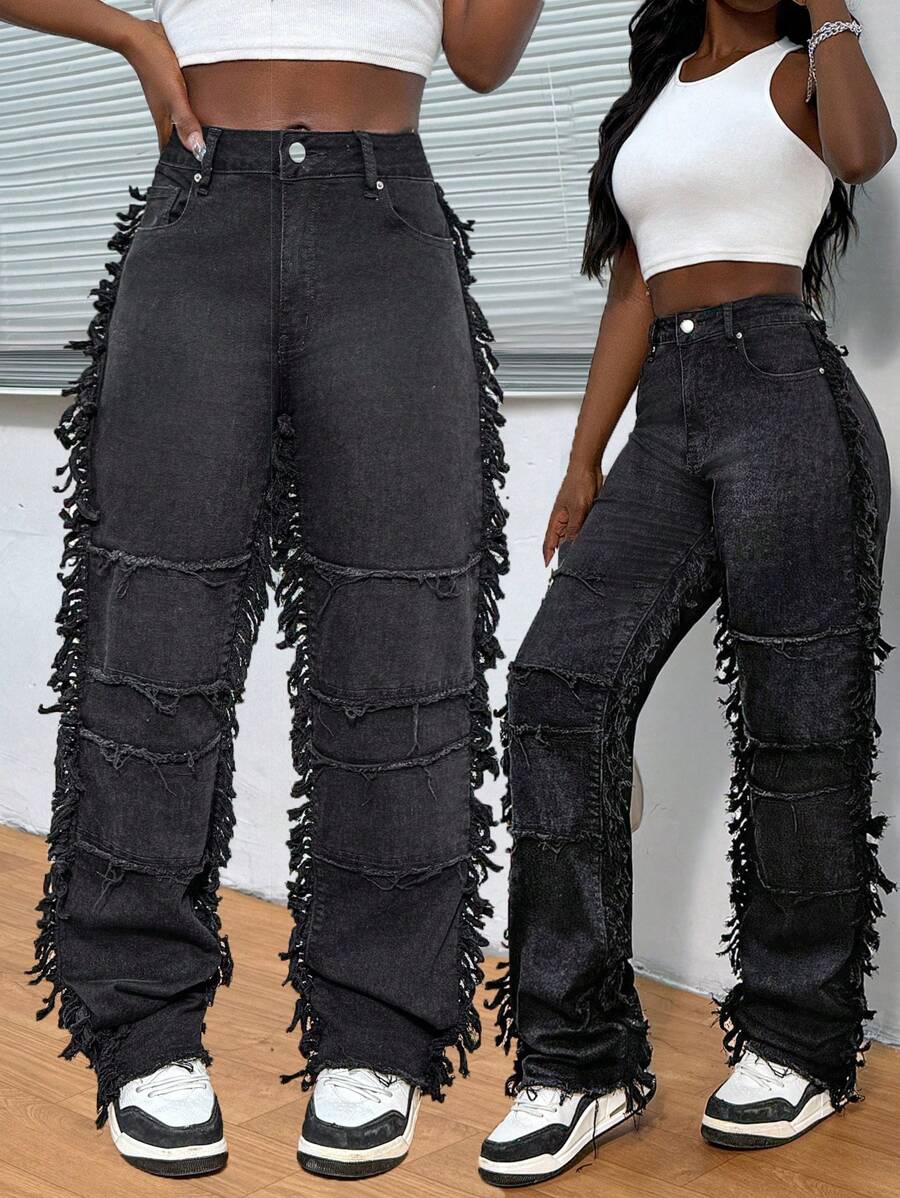 Slaydiva Women All-Season High Waisted Wide Leg Jeans With Fringe - Black - View 1