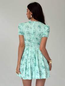 Aloruh Women's V-Neck Ruched Mini Dress With Vacation Beach Print - Green - View 2