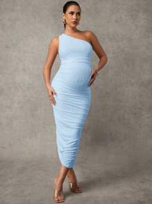 MaterniChic Elegante vestido de maternidad de un solo hombro, de unicolor y ajustado, para el verano - Azul - Ver 5