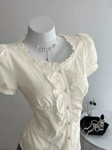 Elamini Women's Solid Color Minimalist Short Sleeve Blouse - Apricot - View 5