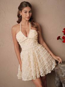 SHEIN Unity Vestido de fiesta de té color albaricoque de manga corta con cuello en V, lazo en el cuello, decoración con perlas y cadena, textura de tela floral romántica con encaje elegante, para primavera/verano - Albaricoque - Ver 5