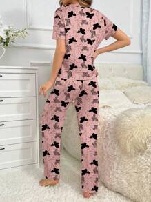 SHEIN Butterfly Print Women's Crew Neck Short Sleeve T-Shirt & Long Pants Pajama Set - Multicolor - View 2