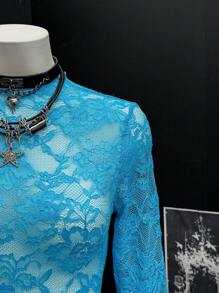 EgrlEra 女士蕾丝弹力牡丹花卉透明性感衬衫（随机剪裁）