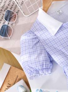 Váy phong cách học thuật thanh lịch thường ngày cho bé gái tuổi mới lớn, váy chữ A xếp ly cổ bẻ, vải họa tiết màu tím, tay bồng, có thắt lưng, thích hợp cho các buổi đi chơi, kỳ nghỉ, đi học, mùa xuân/hè - Màu tím hoa cà - Xem 7