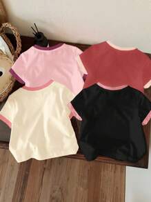 SHEIN 女婴休闲简约圆领短袖T恤，适合春夏季 - 彩色 - 查看 2