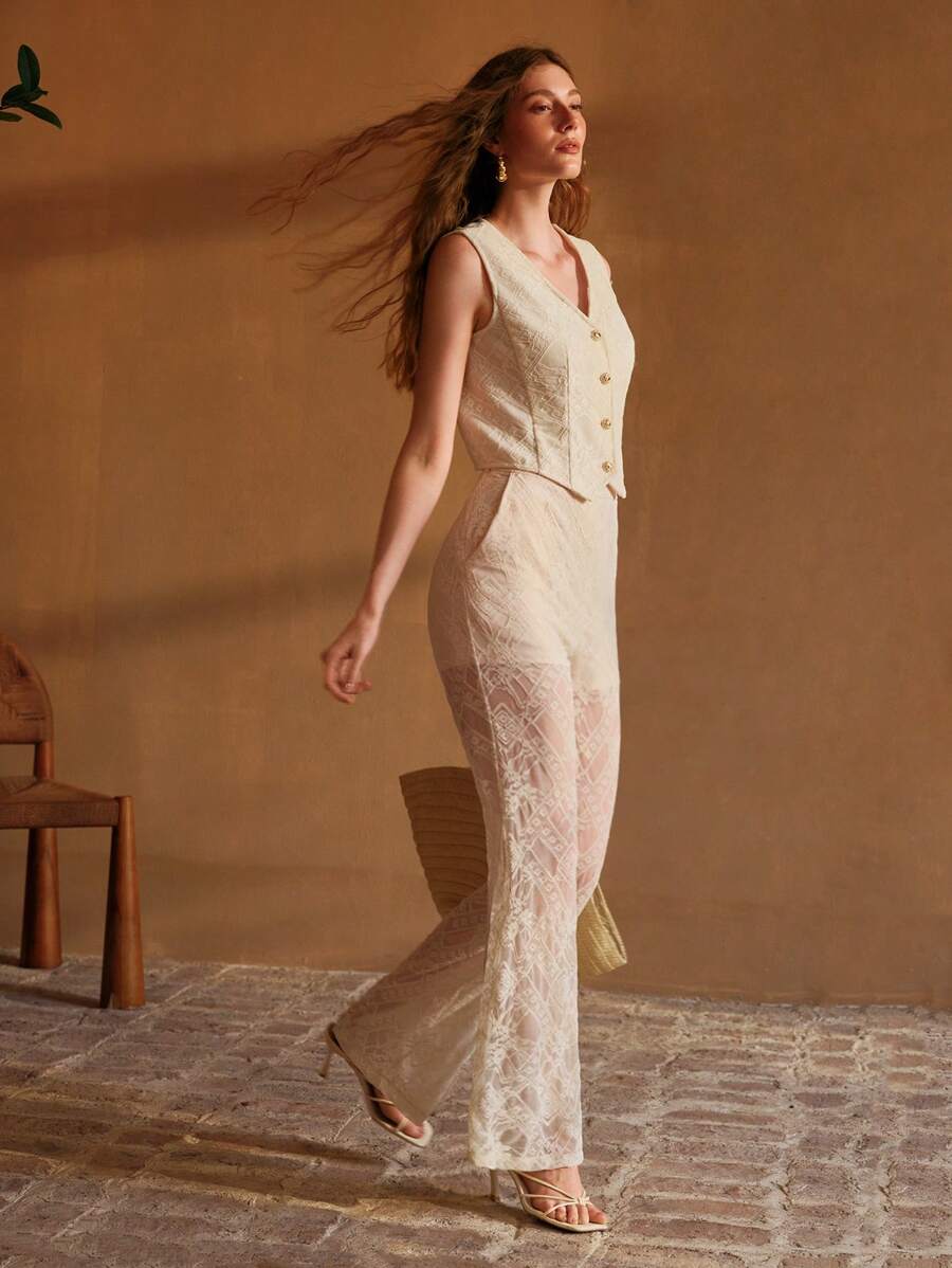 MOTF PREMIUM LACE BUTTON PLACKET LIGHTWEIGHT BLAZER WAISTCOAT - Apricot - View 1