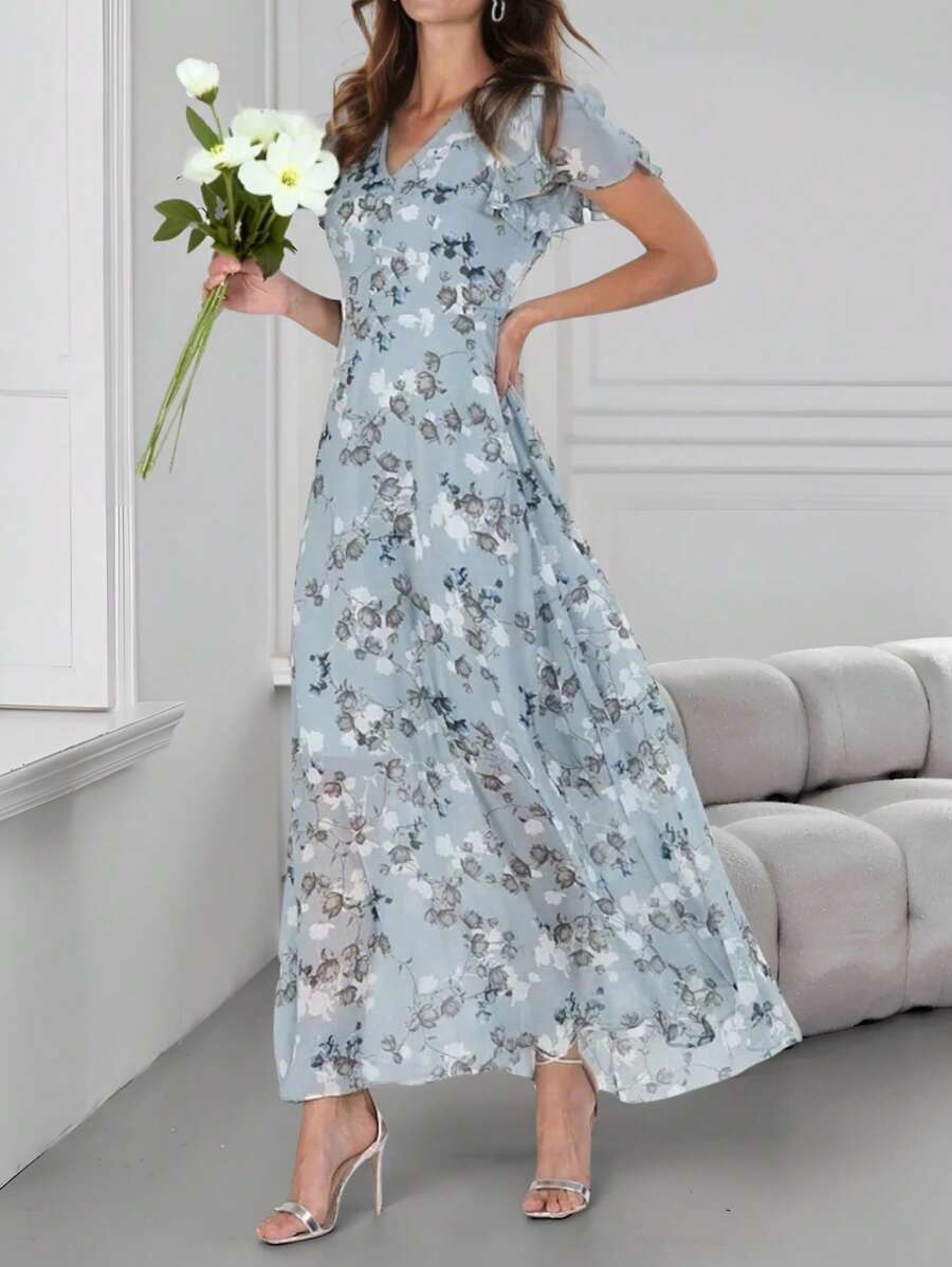 Vestido de verano para mujer con estampado floral, cuello en V y mangas de vuelo para vacaciones