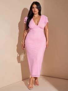 SHEIN BAE Plus Size Women's Spring And Summer Pink Mesh Print Tight V-Neck Dress, Long, Slim, Modified Arm Dress, Concert Outfit Women, Summer Outfits, Concert Outfit Women, Country Concert Outfit, Elegant, Vacation Outfits Woman, Vacation; Western Wear Women, Plus Size Women Elegant Large Floral Mesh Print Bodycon V-Neck Dress, Long Length, Fitted, Arm Flattering, Suitable For Daily, Outing, Date, Afternoon Tea, Vacation, Spring/Summer, Back To School Season Dresses For Women Elegant Women Formal,Birthday Dresses For Women,4th Of July Curve,Graduation,Wedding Guest Dress Women - Pink - View 2