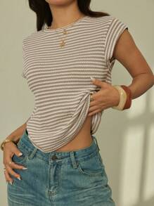 SHEIN PETITE Maglietta casual estiva da donna a maniche corte con collo tondo e righe