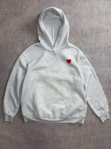 Attitoon Casual Minimalist Versatile Heart Embroidery Graphic Loose Short Hoodie Sweatshirt + Hoodie Set, Perfect For Spring Break, Girls Trip Back To School Fall And Winter Clothing