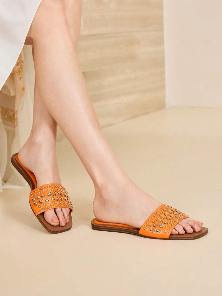 STUDDED DECORATED OPEN TOE FLAT SANDALS