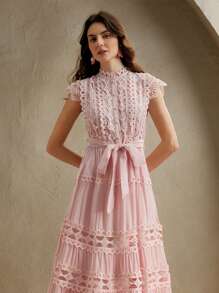 Anewsta Solid Color Elegant Lace Patchwork Sleeveless Long Dress For Women, Summer, Beach, Holiday, Casual - Pink - View 5