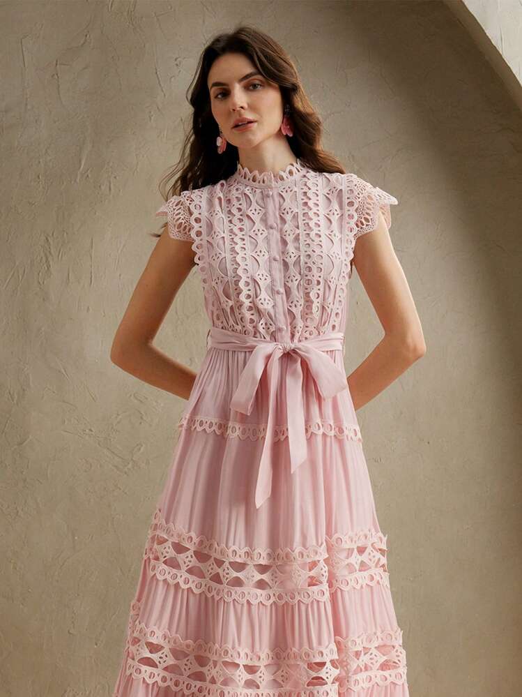 Anewsta Vestido longo elegante de renda com cor sólida e recortes para mulheres, Verão, Praia, Feriado, Casual - Rosa chiclete - Visão 4
