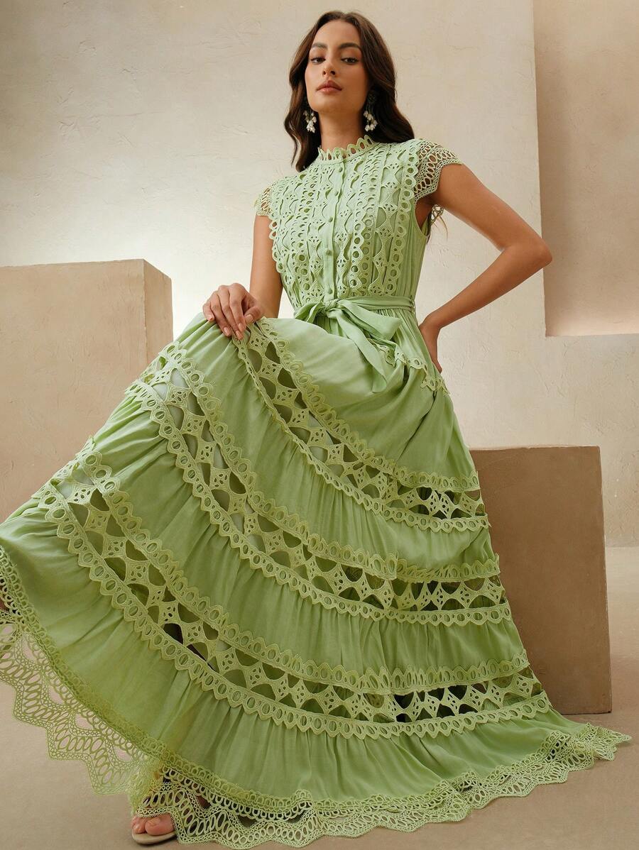 Anewsta 纯色优雅蕾丝拼接无袖连衣裙，适合夏季、海滩、度假、休闲等场合 - 綠色 - 查看 1