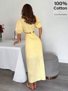 Siren Gaze 女士夏季 | 海岛度假 | 蜜月旅行 | 奶油黄泡泡袖心形领口露腰沙滩裙 | 2025 棉质中长款连衣裙，适合泳池派对、婚礼宾客、7月4日庆祝活动及度假 | 休闲优雅女士透气鸡尾酒会礼服，优雅长裙，夏季工作装，女士夏季服装，生日装，紧身连衣裙，度假胜地 - 淡黃色 - 查看 3