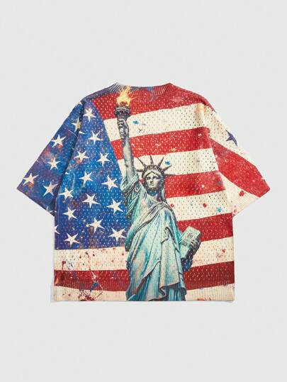 Grunge Punk Men's Punk Flag Printed Loose Drop Shoulder Short Sleeve Knitted Sweater With American Flag Pattern, Summer, 4th Of July