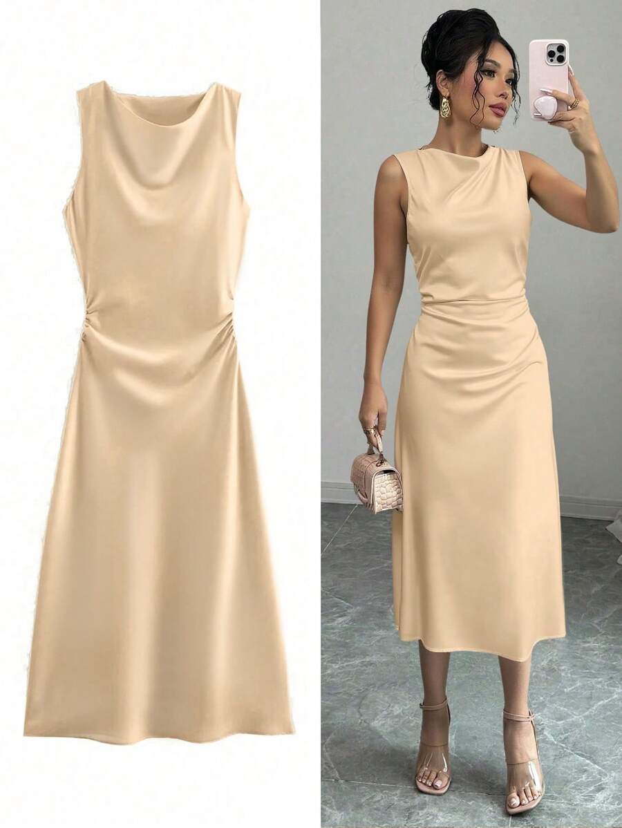 Women's Elegant Dress With Ruched Waist Design - Champagne - View 1