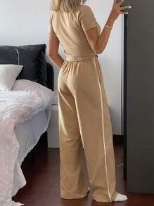 DAZY Conjunto de ropa de estar en casa de punto de dos tonos y estilo deportivo para mujer