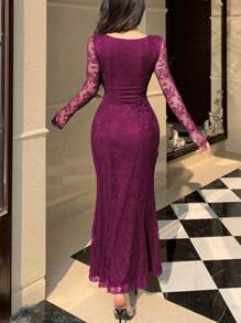 Modelyn Women Elegant Sexy V-Neck Ruched Waist Fishtail Hem Lace Dress Fall Cloth For Women