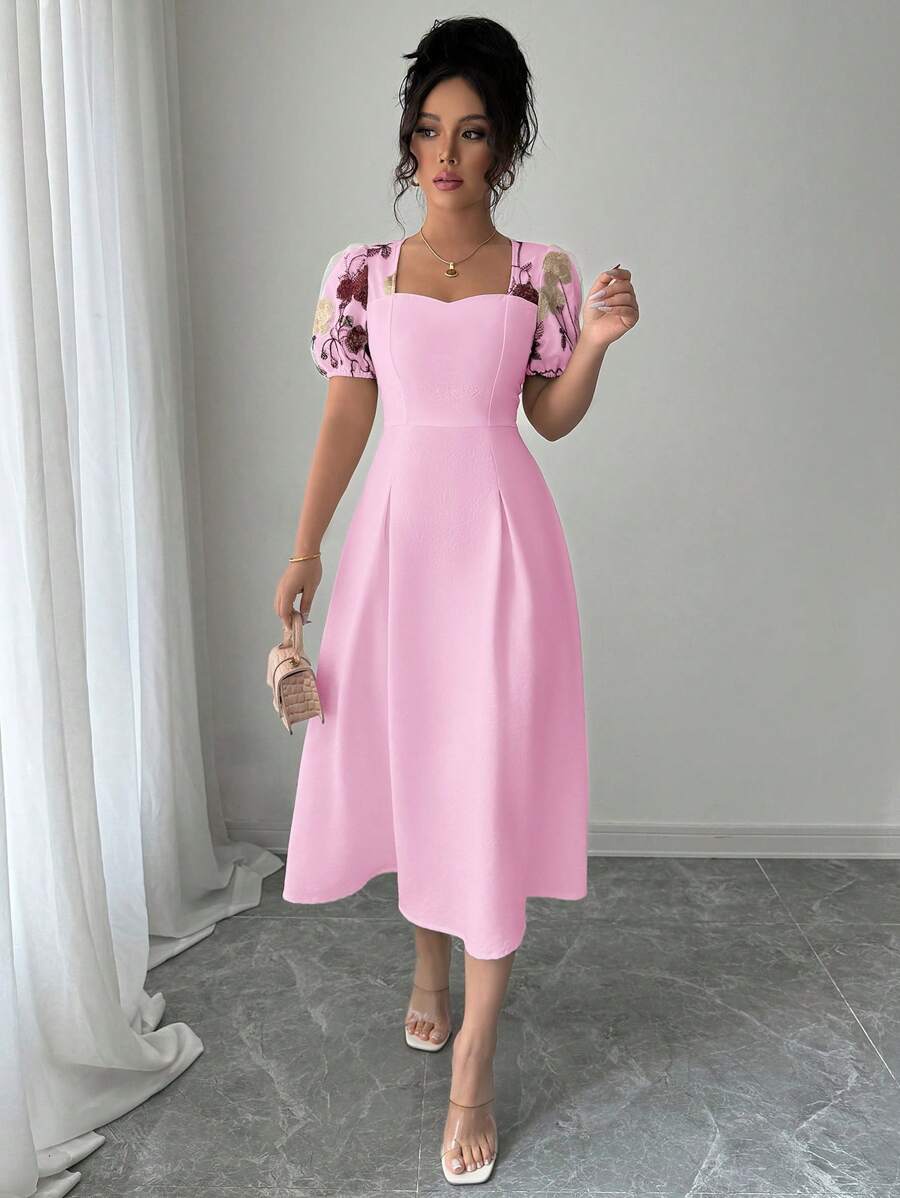 Elenzga Vestido de mujer con cuello cuadrado, mangas abullonadas, bordado y cintura plisada