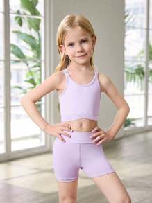 SHEIN Girl's Purple Solid Color Criss-Cross Back Design Tank Top And Tight Shorts Matching Sets, Stretch Fabric, Soft & Comfortable Sports Wear Girls Workout Set