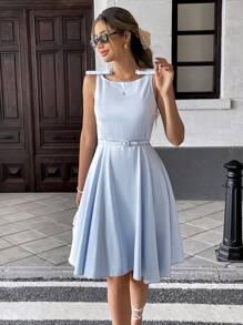 Chiquease Women's French Square Neck, Bowknot Shoulder Strap, Waist Belt, A-Line Skirt, V-Back Sleeveless Blue Dress, Spring/Summer