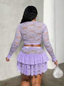Maweii 大码女式蕾丝迷你裙套装，透明短上衣和修身迷你裙，2 件 - 紫色 - 查看 2