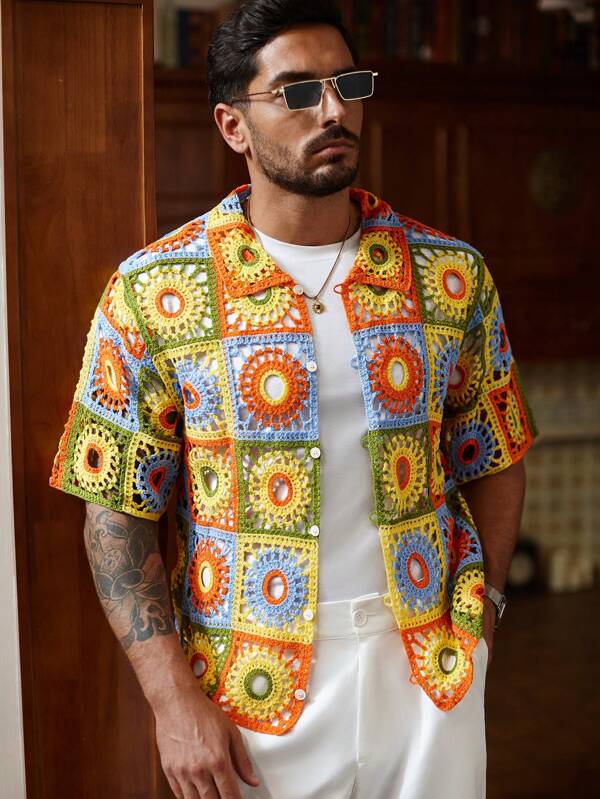 Manfinity CityGents Men's Vacation Beach Button Short Sleeve Knit Top Crochet Men Shirt Pride 2025 Swim Brief Men Crochet Shirt Mens Crochet Shirts Beach Shirts For Men
