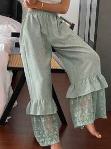 DAZY Pantalón de pijama con volantes y encaje de patchwork de lino para mujer