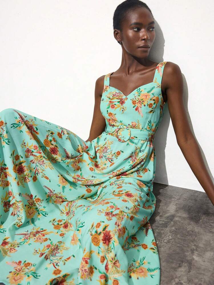 SHEIN Maija Women's Vacation Floral Printed Buckle Belted Slip Dress, Summer,Vacation Outfits