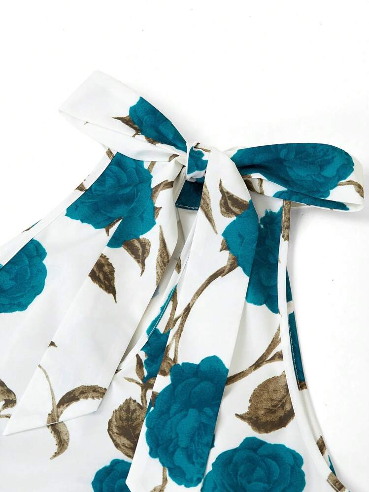 Ellevyn Damen eleganter Jumpsuit mit Taillengürtel und Rosenprint, Urlaubsstil - Kadettenblau - Übersicht 3