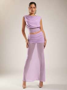 Silquee Women's Elegant Summer Pink And Purple See-Through Skirt With A Drop Neck And Off-Shoulder Top With Asymmetric Design, Pleated Two Pieces Suit, Suitable For Seaside Vacation And Graduation