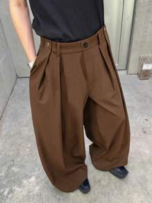 Manfinity Hypemode Manfinity EMRG 男士休闲宽松直筒裤，褶皱设计 - 咖啡棕 - 查看 3