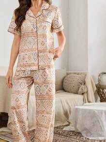 SHEIN 印花领短袖睡衣套装 节日季 - 彩色 - 查看 5