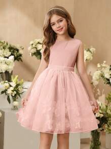 SHEIN 新款花童礼服，女童公主短款薄纱蓬松礼服，钢琴表演礼服 - 粉色 - 查看 4