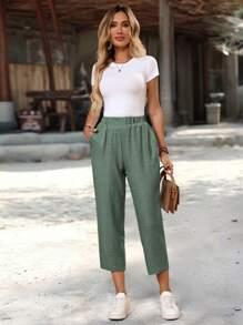 EMERY ROSE Pantalon court décontracté pour femmes, taille élastique, poches latérales, couleur unie. Pantalon d'été, vêtements d'automne pour femmes - Vert - Voir 8