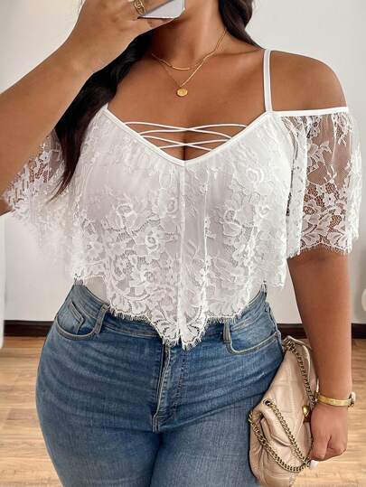 Elenzga Plus Size Open Shoulder Lace Cloak With Tie-Up Decorated Sleeves, Crossover Decor Bodysuit For Outing, Holiday, Party Summer Clothes Women Summer Shirts Women Clothes Women Clothing Summer Outfits